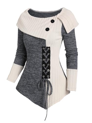 Image of ZEZCLO Women's Twisted Cable Knit Plaid Print Hooded Sweater Mock Button Ruched Shawl Neck Knit Top