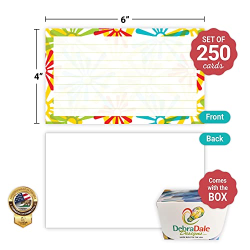 Debra Dale Designs - Made Right In The Usa - 250 Ruled 4" X 6" Index Cards With Daisy Border - Premium 140# Heavy Thick Index Card Stock - Storage Box #TOP4