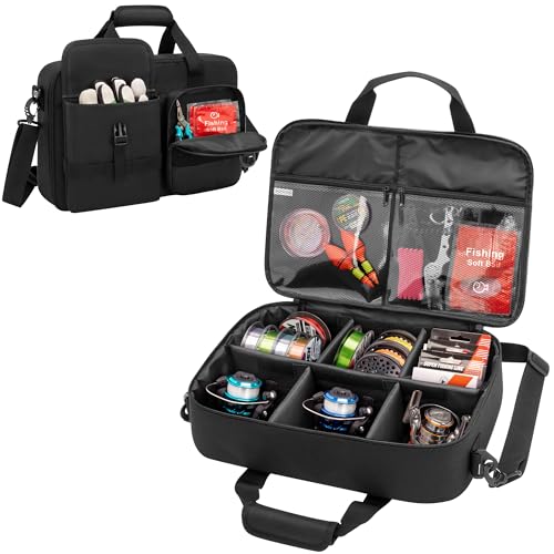 Rexmica Fishing Reel Case for Spinning Reels, Fly Fishing Reels, Baitcaster Fishing Reels, Fishing Reel Storage Bag with Multiple Pockets and Dividers, Fishing Gear Bag for Fishing Trip/Daily Storage