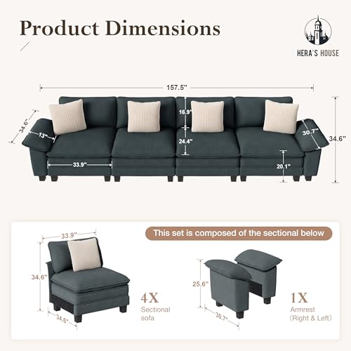 Image of HERA'S HOUSE 158 inch Oversized Modular Sectional Straight Sofa,Chenille Blue | 4-Seater Living Room Couches, Wider Armrest and Deep Seat, Comfy Cloud Couch with Ottoman, Wood Sturdy Frame