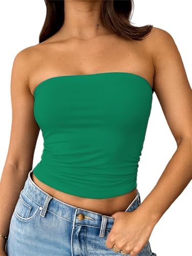 ForeFair Women Strapless Tube Tops Double Lined Ruched Backless Bandeau Going Out Top Basic Tank Tops(S Green)