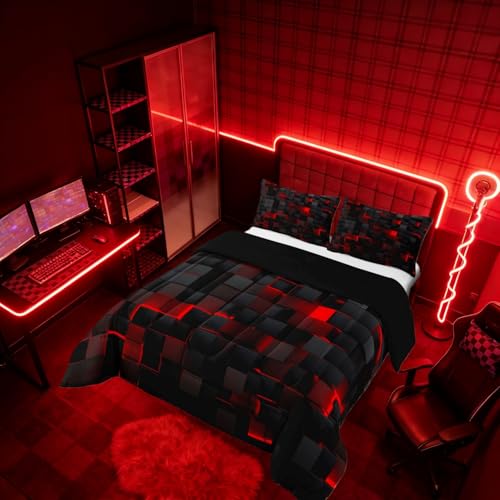 Image of Erosebridal Black and Red Comforter Set Queen Neon Geometric Checkered Bedding Set Gamer Room Decor for Boys,Abstract Grids Quilt Comforter for Kids Teen Men Plaid Check Bed Set 3 Pcs