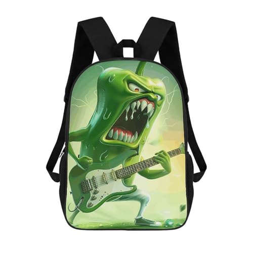 Green Pepper Plays Guitar Backpack - Durable 600D Polyester, 17 Inch Backpack with Ergonomic Adjustable Straps, Lightweight Travel Bag for Men & Women