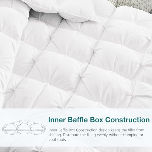 Image of KAKABELL Pinch Pleat Goose Down Feathers Fiber Comforter King Size All Season-Ultra Soft and Cozy Noiseless Duvet Insert with Egyptian Cotton Blend Cover,Fluffy Warm Comforter Insert(White,90 inchX106 inch)