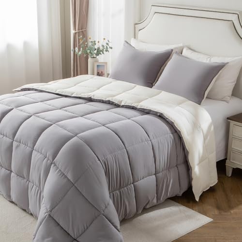 Image of KASENTEX King Comforter Set, Reversible, Goose Down Alternative, All Season | 250 GSM Fill, Ultra-Soft, Lightweight, Machine Washable, 1 Comforter + 2 Pillow Shams, Gull /Jet Stream