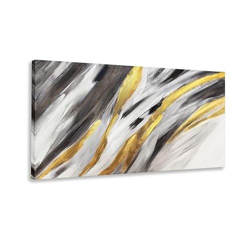 Toile murale abstraite noire et blanche dorée de 50x100cm pour un salon moderne chic