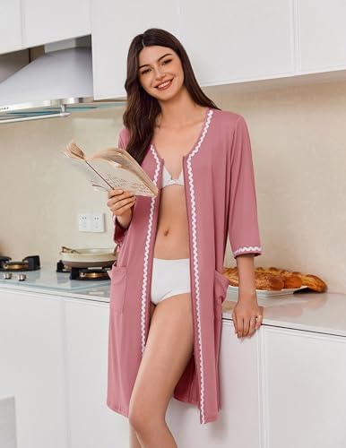Image of Ekouaer Zipper Robes for Women 3 /4 Sleeves Lightweight House Coat Zip Up Bathrobe Soft Nightgown with Pockets S-3XL