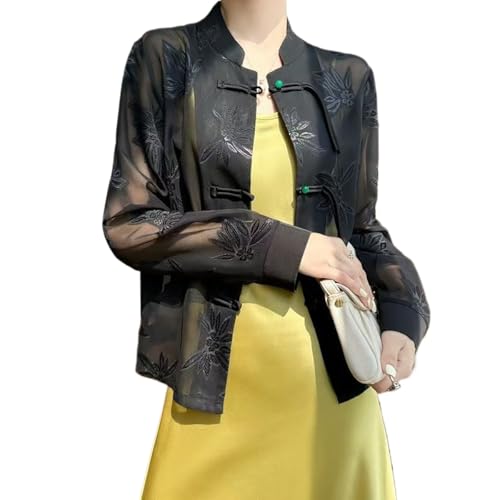 Suncadmious Moda para mujer Vintage de manga larga bordada Top Casual Puffy Gemelos Botón Abrigo Bobina Chaqueta de satén de malla de manga larga Top (Negro,5XL)