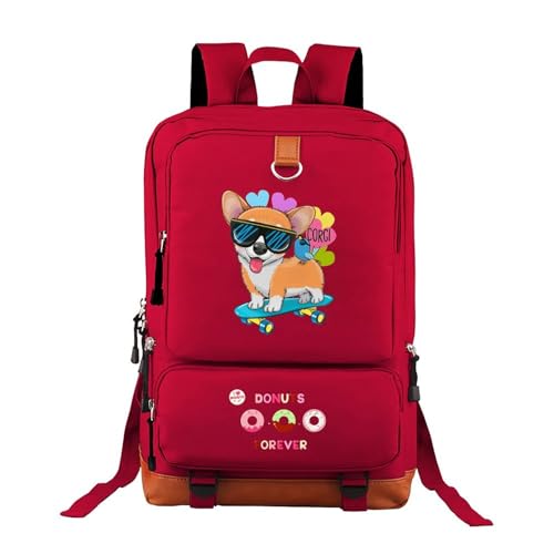 Red Cute Donuts Corgi Daypack Oxford Durable for High School College Student Bookbags 12