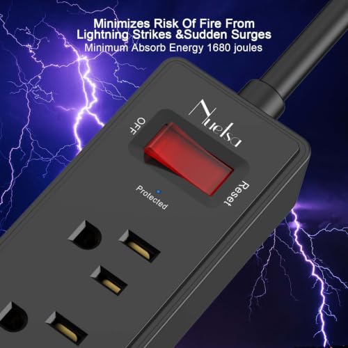 Image of 10Ft Power Strip Surge Protector - Nuetsa Extension Cord with 6 AC Outlets and 3 USB Ports for Home, Office, Dorm Essentials, 1680 Joules, ETL Listed, Black