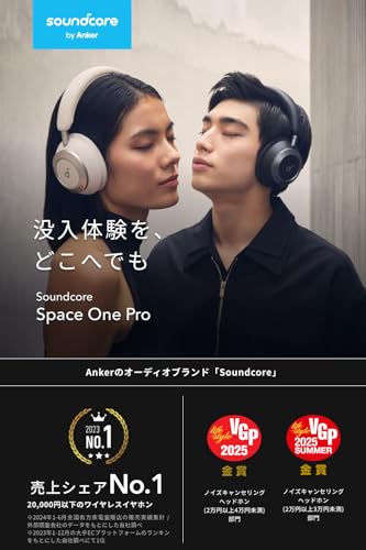 Anker Soundcore Space One Pro (Bluetooth 5.3 ワイヤレス ヘッドホン)【最大60時間音楽再生 / ウルトラノイズキャンセリング 3.5 / LDAC/ハイレゾ対応 (ワイヤレス/有線) / マルチポイント対応/外音取り込み/マイク内蔵】 ミッドナイトブラック