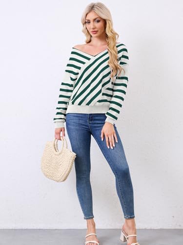 Image of Womens Oversized Off Shoulder Sweaters Striped Loose V Neck Cropped Long Sleeve Color Block Knitted Pullover