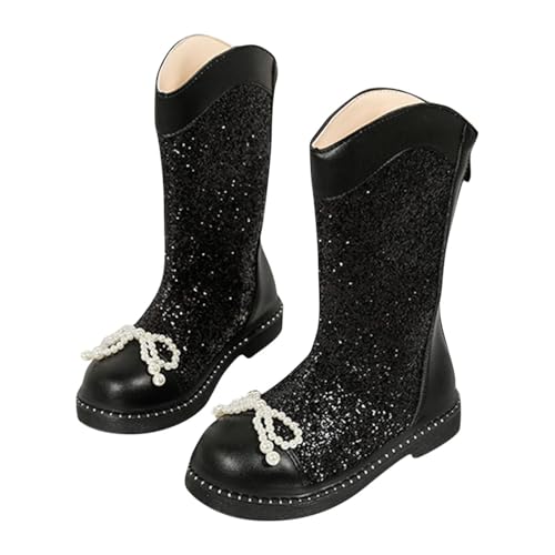 Girls Glitter Mid-Calf Boots Pearl Bow knot PU Leather Waterproof Combat Shoes Fashion Sparkle Boot With Back Zipper