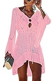 Tuopuda Damen Strandkleid Gestrickte Crochet Bikini Cover Up Sommer Boho Strandponcho V-Ausschnitt Badeanzug Bedecken Pareos Sexy Cutout Tunika Minikleid Strand Kurze Kleid Sommerkleid, Rosa