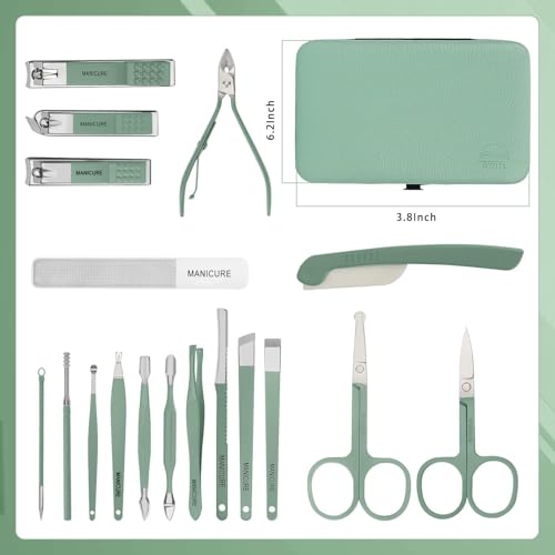 ETTA Manicure Set, 18pcs Nail Clippers Pedicure Kit with PU Leather Case Nail Care Kit Professional Tools Gift for Women Wife Girlfriend Parents (Green and Black) - Image 2