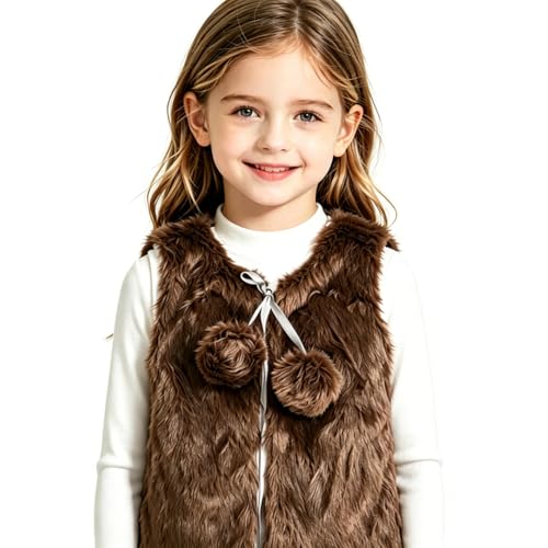 RONGXG Faux Fur Vest for Kid Girl Furry Cowgirl Sleeveless Jacket Cardigan Jacket Warm Fashion Waistcoat Vest Cardigan Coat (US, Age, 4 Years, 5 Years, Borwn with Pompoms)