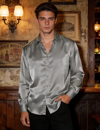 Image of Hi-Tie Men's Silk Satin Dress Shirts Long Sleeve Shiny Casual Button Up Shirts Luxury Party Disco Prom Wedding Shirt