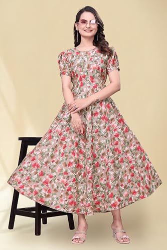 Image of Women's A-Line Crepe Maxi Dress | Stylish Fit and Flare Dress with Round Neck Short Puff Sleeves for Casual Wear