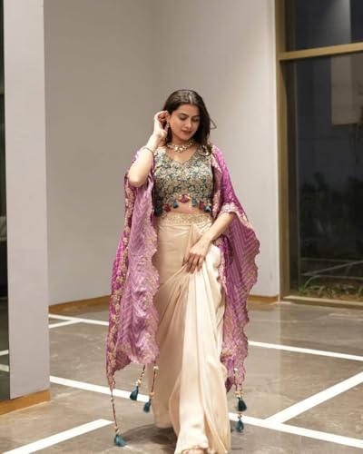 Image of Women Indo Western Dhoti Set with Blouse and Shrug Sequins Embroidery Bandhani Print Ethnic Wear