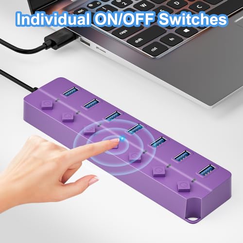 Image of ONFINIO USB Hub 3.0, 7-Port USB Hub Splitter with Individual On /Off Switches and Lights, 3.2ft /1m Long Cable Compatible with MacBook, Laptop, Surface Pro, PS4, PC, Flash Drive, Mobile HDD-Purple