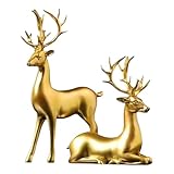Kashyke 2 statuette decorative natalizie, motivo renna, cervo, alce e sculture di animali, grande decorazione natalizia, per interni, elegante renna cervo, per soggiorno, cucina, tavolo (oro)