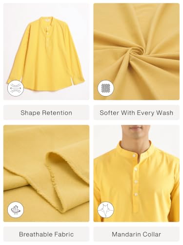 Image of SAADAA Men's Short Kurta - Linen Cotton Blend, Airy Fabric, Regular Fit, Mandarin Collar, Solid Color - Casual, Festive & Ethnic Wear