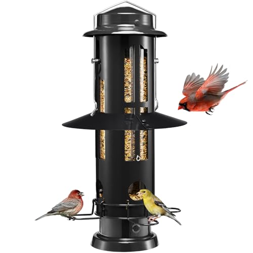 Kingsyard Squirrel Proof Bird Feeder with Removable Base, All Metal, Tube Bird Feeders for Outdoors Hanging, Easy to Clean & Refill, Black