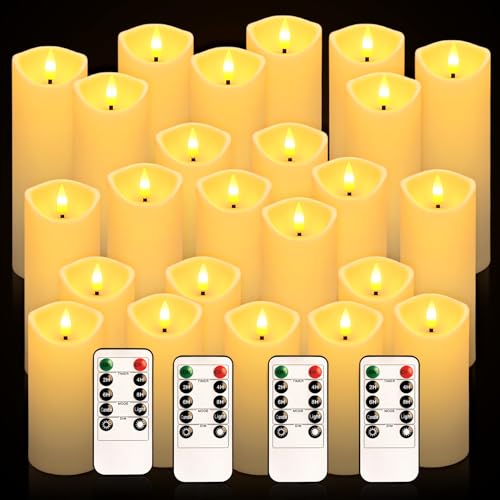 Image of 24 Packs of flameless LED Pillar Candles with Remote Control timers and Flashing Battery Operation for Halloween, Christmas and Wedding Home Decoration