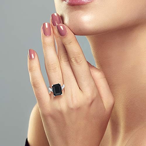 Gem Stone King 6.67 Cttw Black Onyx Engagement Ring For Women | 925 Sterling Silver | Emerald Cut 14X10MM | Gemstone Birthstone | Available in size 5, 6, 7, 8, 94