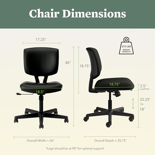 Image of HON Volt Ergonomic Office Chair with Bonded Leather Seat and Back, Armless Desk and Computer Chair with Adjustable Center‑Tilt Recline and Wheels for Home Office or Workstation, Black