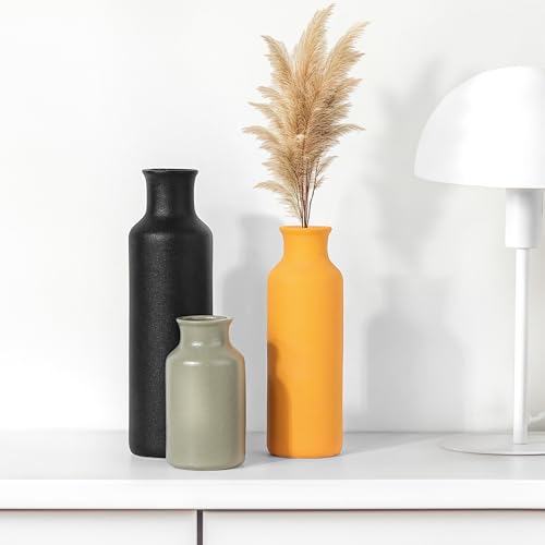 Winter Shore Set Vasi Fiori Ceramica (3 Pezzi) - Vasi Design Varie Dimensioni Per Cucina, Ingresso, Bagno, Soggiorno - Vasi Decorativi Rustici Per Tavoli, Scaffali, Caminetto - Grigio, Giallo, Nero - 4