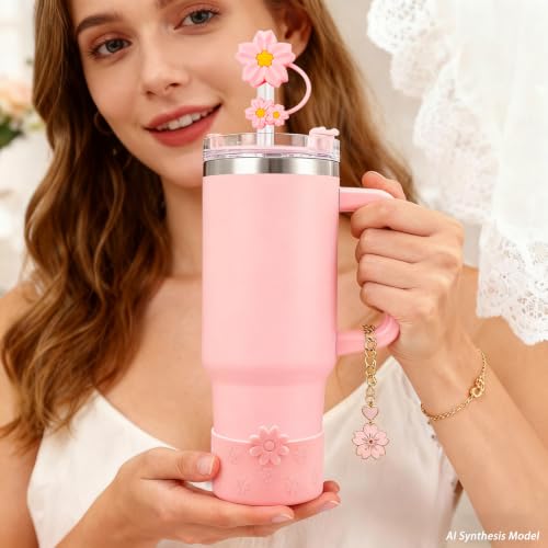 Hpebl 7Pcs Light Pink Cup Accessories for Stanley Cups 40/30oz Including Flower Silicone Boot Straw Cover Topper Spill-Proof Stopper Set Flower Handle Charm for Stanley Cup Tumbler Accessories — view 2