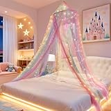 Eimilaly Prinzessin Betthimmel mit 250pcs Warm White Curtain Lichter, Regenbogen Betthimmel für Mädchen Zimmer Dekoration, 30D verschlüsselten Stoff