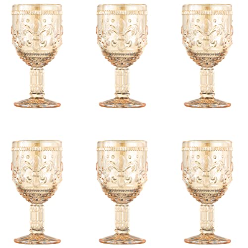 Vintage Wine Glasses Set Of 6, 10 Oz Colored Glass Water Goblets, Unique Embossed Pattern High Clear Stemmed Glassware Wedding Party Bar Drinking Cups Golden Amber 6 Pack #TOP5