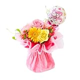 bloomee(ブルーミー) そのまま飾れる ブーケ カラフル Sサイズ (HappyBirthdayバルーン 付) ホワイトデー お返し 誕生日 花 生花 ミニ 花束 (ギフト プレゼント お祝い) 結婚 記念日 (花瓶不要 水いらず)