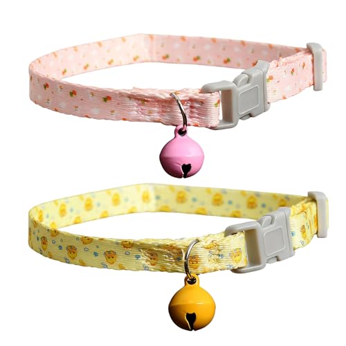 Lot de 2 Colliers pour Chat avec Clochette - Collier de Sécurité Brodé et Réglable (20-30cm) - pour Chaton, Chiot et Petit Chien - Rose et Jaune