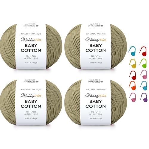 Image of Baby Cotton Blend Yarn - Soft Sport Weight Yarn for Crochet & Amigurumi - 50g /180yds - 60% Cotton 40% Acrylic - Ideal for Baby & Knitting Proj. & 10 Stitch Markers(Stone, 4 Balls)