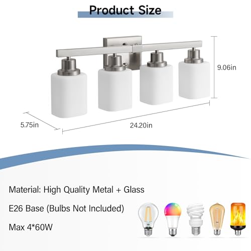 Image of 4-Light Bathroom Vanity Light,Brushed Nickel Vanity Lights with Square Frosted Glass,Modern Bathroom Wall Lights Fixtures Over Mirror,Wall Sconces Lighting for Bedroom Living Room,E26