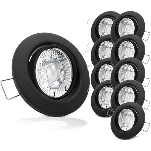 trendlights24 Decora LED Einbaustrahler 230V Schwarz matt rund dimmbar, 10er Set Spots 7W GU10 Neutralweiß, Deckenpots 68 mm, schwenkbar
