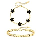 VNOX 2 pulseras de trébol de 4 hojas para hombres y mujeres – Cadena de acero inoxidable con eslabones de la suerte, cuatro tréboles y flores, regalos de joyería de moda, No es una piedra preciosa