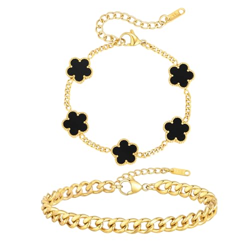 VNOX 2 PCS Floral Bracelets for Men Women -Womens Mens Stainless Steel Gold Cuban Chain Link Bracelet Lucky Charm Four Clover Flower Bracelets Trendy Jewelry Gifts，1