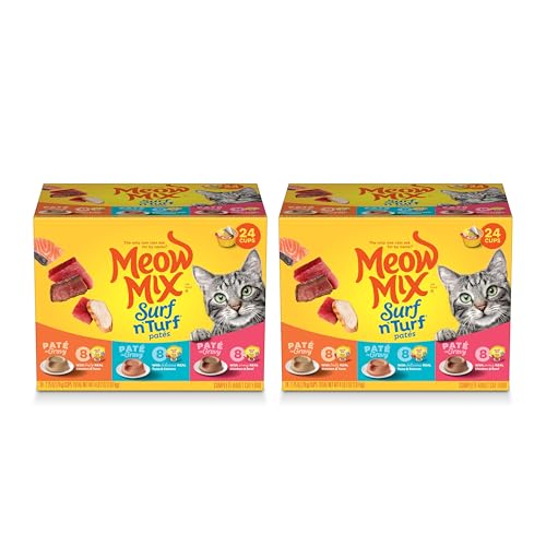 Meow Mix Paté in Gravy Wet Cat Food Variety Pack, Surf n’ Turf Patés, 48 Cups, 2.75 Oz. Each