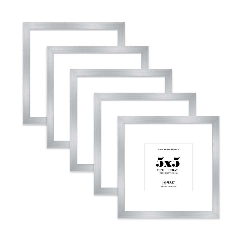 5x5 Silver Picture Frame with Mount for 3x3 Photos, Prints - Modern Square Wall Frame, Set of 5