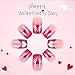 Press on Nails Medium Square Heart Fake Nails Press ons Red Pink French Tip Artificial False Nails Glossy Glue on Nails White Lines Acrylic Stick on Nails for Women 24 Pcs