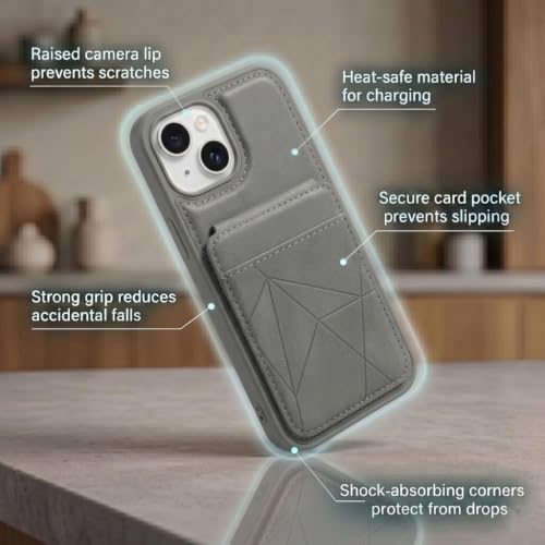Image of amazon basics Premium Vegan Leather Back Cover with Card Holder and Integrated Mobile Stand for iPhone 15 - Slim Shockproof Wallet Case with Geometric Stitching [Gray]