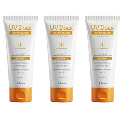 Image of Brinton UV Doux Face Moisturizer for All Skin Types | Lightweight, Non-Greasy Hydration with Aquaxyl & Emollients | Long-Lasting Moisture, Soft & Smooth Skin | 100g x 3