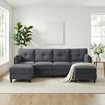 88'' U‑Shaped Sectional Sofa | 6-Seater Corduroy Sofa with 2 Convertible Ottomans for Living Room, Dark Grey