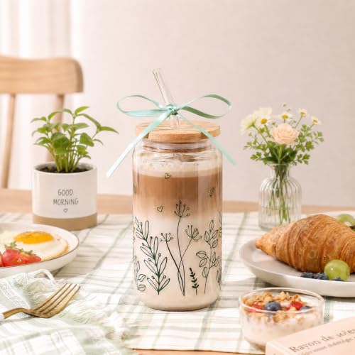 Celebloom Plants Lover Gifts for Women-Aesthetic Gardening Iced Coffee Glass Cup Tumbler with Lid and Straw for Birthday Thanksgiving Christmas Presents Stuff for Teen Girl Gardener Lover — view 5