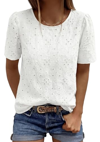 PRETTYGARDEN Embroidered Eyelet Tops for Women Summer Blouses Dressy Casual 2026 Spring Work Teacher Puff Short Sleeve Shirts (White Medium)