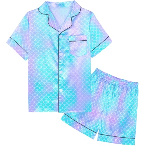 Nidoul Girls Pajamas Satin Short Sleeve Button Down Silky Pjs Girls' Sleepwear Set for Toddler Kids 3T-10Y